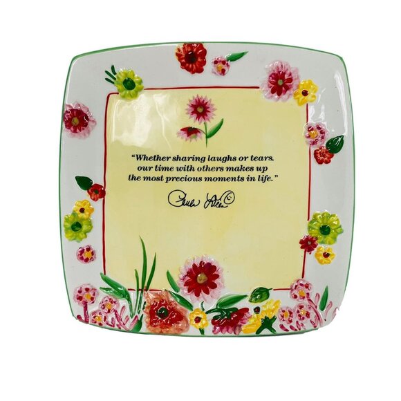 Paula Deen Square Decorative Plate Floral Signed Quote Family Friends 8 Inch - Picture 1 of 11